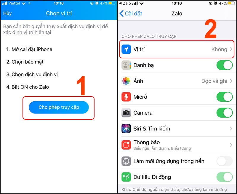 Chọn Cho phép truy cập > Chọn Vị trí.